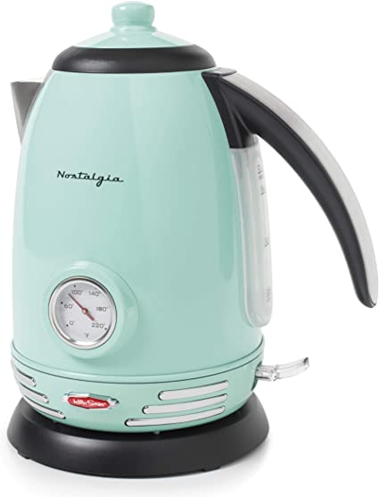 Nostalgia WK17AQ Retro Stainless Steel Electric Water Kettle, Holds 1.7 Liters, Auto-Shut Off & Boil-Dry Protection, 360-Degree Rotating Base, Water Level Indicator Window, Aqua