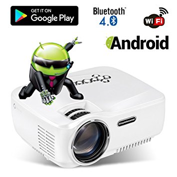 Android WiFi Bluetooth Projector (Warranty Included), ERISAN Multimedia Mini Pro Portable LED Projector For Home Theater Movie Video Games App (White)