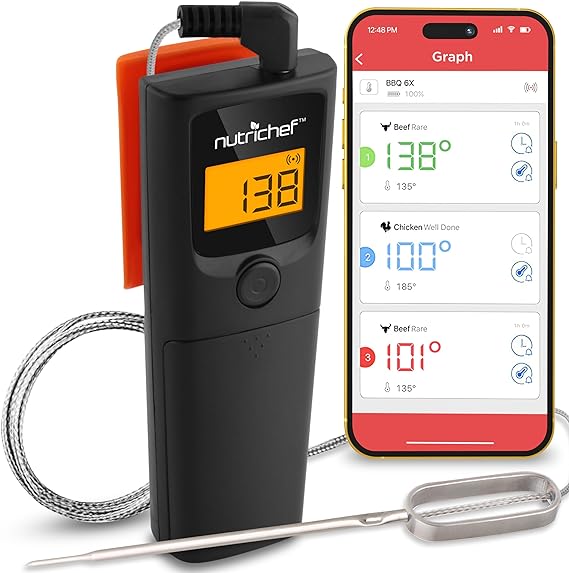 NutriChef PWIRBBQ90 Bluetooth Meat Thermometer - for Grilling Smart Wireless Kitchen Remote Instant Read BBQ Temperature Probe for Grill, Oven, Smoker, Cooking, Smoking Food w/Digital LCD Display