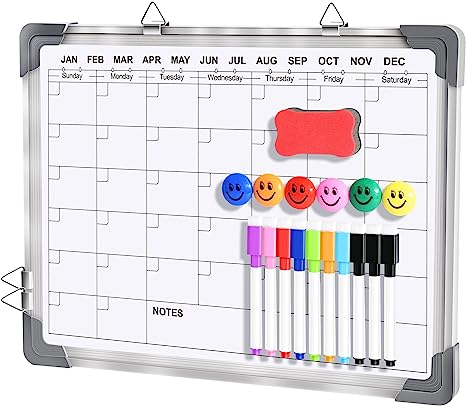 Dry Erase Whiteboard Calendar for Wall, 16" x 12" Magnetic White Board Dry Erase Calendar Monthly Planner Memo Hanging Double-Sided Board, Portable Board for Home, School, Office, Kitchen (White)