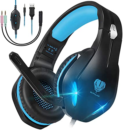 GM-2 Gaming Headset with Microphone for PS4,PC,Xbox One,Nintendo Switch, Noise Cancelling Over Ear Headphones with Mic, LED Light, Bass Surround, Soft Memory Earmuffs for Laptops Phones Mac (Blue)