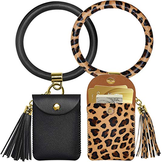 Keychain Bracelet,2 Pack Key Ring Bracelet and Card Pocket Leather Tassel