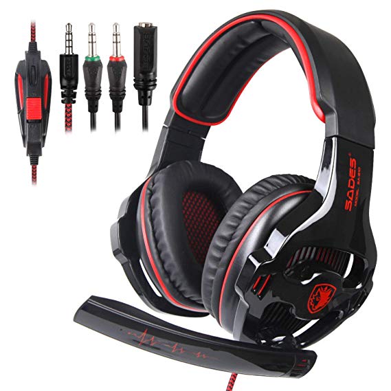 SADES SA810 Stereo Gaming Headset for Xbox One, PC, PS4 Over-Ear Headphones with Noise Canceling Mic, Soft Ear Cushion, 3.5mm Jack Cable for Mac Laptop Tablet Smartphone(BlackRed)