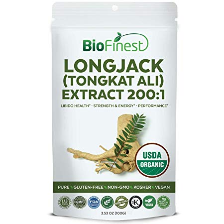 Biofinest Longjack (Tongkat Ali) Extract 200:1 Powder - USDA Certified Organic Pure Gluten-Free Non-GMO Kosher Vegan Friendly - Supplement for Performance, Stamina, Strength & Energy (100g)