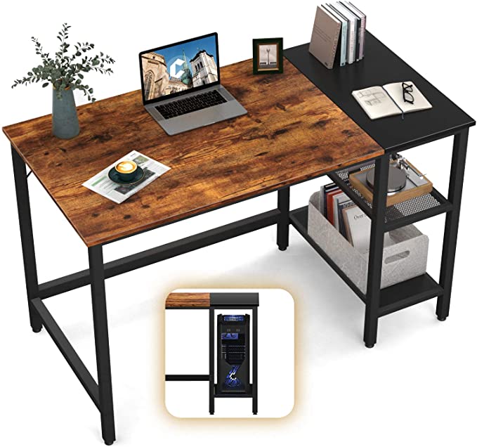 CubiCubi Computer Home Office Desk, 47 Inch Small Desk Study Writing Table with Storage Shelves, Modern Simple PC Desk with Splice Board, Rustic Brown and Black
