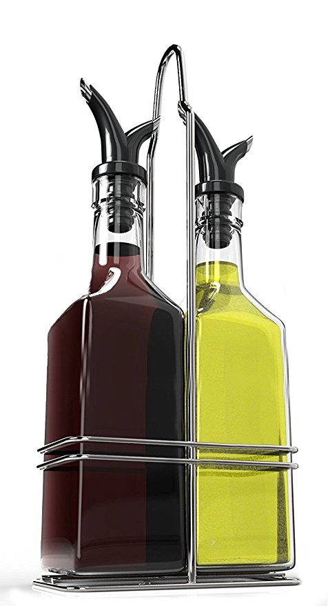 Royal Oil and Vinegar Bottle Set with Stainless Steel Rack and Removable Cork – Dual Olive Oil Spout – Olive Oil Dispenser, Olive Oil Bottle and Vinegar Bottle Glass Set - 5oz