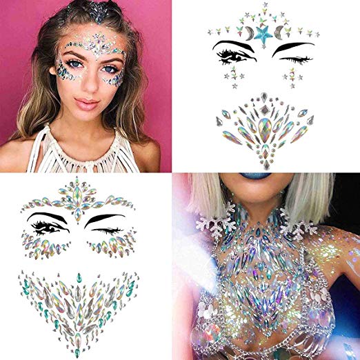 COKOHAPPY 4 Sets Rhinestone Mermaid Face & Breast Jewels Tattoo - Star Body Stickers Crystal Tears Gem Stones Bindi Temporary Stickers