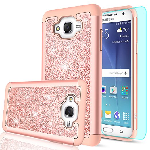 J7 Case,Galaxy J7 Case with HD Screen Protector for Women Girls,LeYi Luxury Glitter Cute [PC Silicone Leather] Heavy Duty Protective Phone Case Cover for Samsung Galaxy J7 Neo J700 2015 TP Rose Gold