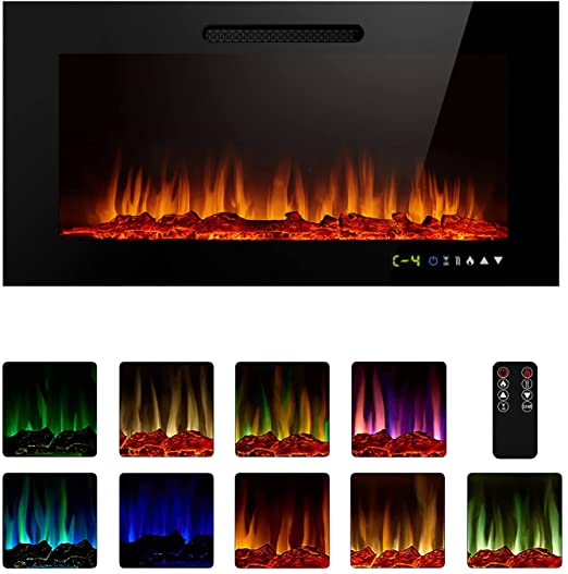 Hykolity 36 inch Electric Fireplace Inserts, 750/1500W Recessed and Wall Mounted Electric Fireplace, Electric Wall Fireplace Heater with Remote Timer, Touch Screen, Log/Crystal Hearth Options