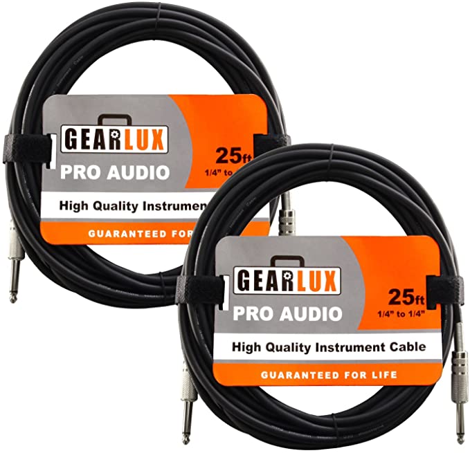 Gearlux Instrument Cable/Professional Guitar Cable 1/4 Inch to 1/4 Inch, Black, 25 Foot - 2 Pack