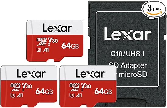 Lexar E-Series 64GB Micro SD Card 3 Pack, microSDXC UHS-I Flash Memory Card with Adapter, 100MB/s, C10, U3, A1, V30, Full HD, 4K UHD, High Speed TF Card