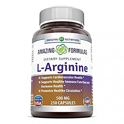 Amazing Nutrition L-Arginine 500 mg 250 Capsules Supplement - Best Amino Acid Arginine HCL Supplements for Women & Man - Promotes Circulation and Supports Cardiovascular Health