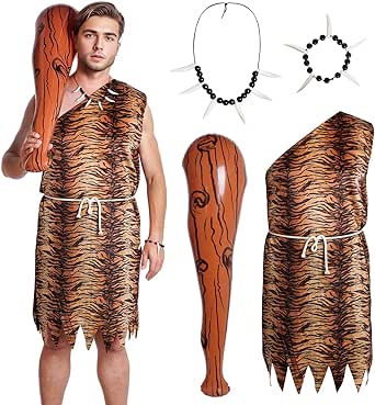 Halloween Caveman Costume Jungle Necklace Tooth Bone Bracelet Inflatable Cave Bat Caveman Stick for Women Men Cosplay