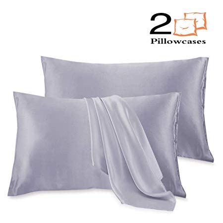 Leccod 2 Pack Silky Satin Pillowcase for Hair and Skin Cool Super Soft and Luxury Pillow Cases Covers with Envelope Closure (Silver Gray, Queen: 20x30)