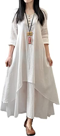 R.Vivimos Women Long Sleeve Cotton Casual Loose Plus Size Irregular Long Dresses