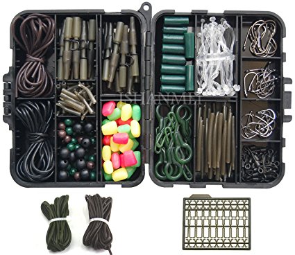 Carp Fishing Tackle Kit with Swivels/Hooks/Sleeves/Rubbers Tubes/Lead Clips/Beads/Hair Rigs/Hair Extender Stoppers Set (225pcs/box)