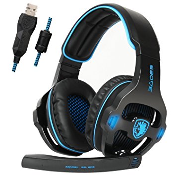 [New Updated PC Gaming Headphones]SADES SA903 USB 7.1 Stereo Surround Computer Gaming Headset with Microphone,Volume Control(Black and Blue)