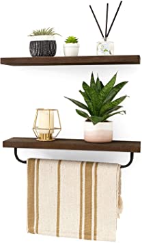 Mkono Floating Shelves Wall Mounted Wood Shelf for Bathroom Kitchen Shelving Storage with Removable Towel Bar and 8 Hooks Rustic Home Decor Organize, Set of 2