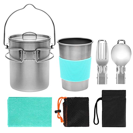 Odoland Camping Cookware Stove Carabiner Canister Stand Tripod and Stainless Steel Cup, Tank Bracket, Fork Knife Spoon Kit for Backpacking, Outdoor Camping Hiking and Picnic