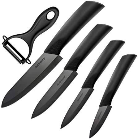 Ankway Set Coltelli Ceramica Nero [Versione Aggiornata], Coltelli da Cucina con Guaina Protettiva per Carne Verdura Frutta Pane-antiruggine e antimacchia, Confezionato in Scatola Superiore, Set di 5