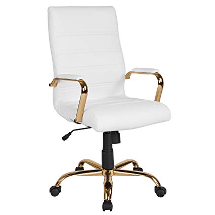 Flash Furniture High Back White LeatherSoft Executive Swivel Office Chair with Gold Frame and Arms, BIFMA Certified