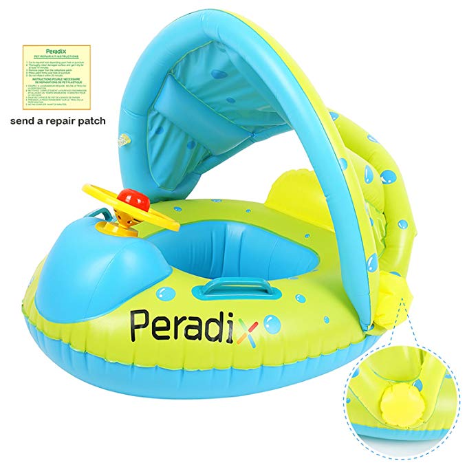 Peradix Baby Float Water Toys with Inflatable Canopy Sunshade Swimming Pool Boat Floating Ring (Apple Green)