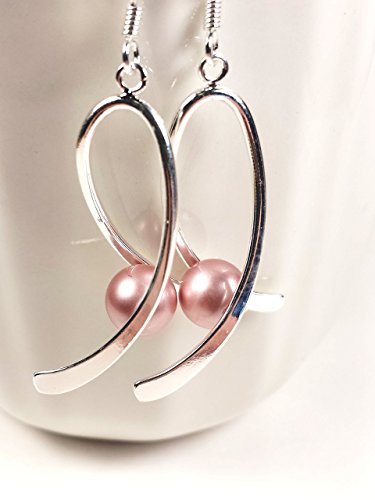 Breast cancer awareness earrings. Swarovski pink pearls. Silver ribbon drop earrings.
