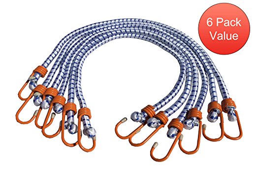 [6 Pack] 32-inch Bungee Cords - Extra Strength - Extra Thick 1/2 inch diameter - Coated Hooks