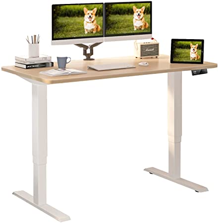 MAIDeSITe Electric Height Adjustable Standing Desk, 3-Stage Dual Motor Ergonomic Sit Stand Desk, 47 x 24 Inches Full Sit Stand Home Office Table with Desktop, White Frame/Oak Top