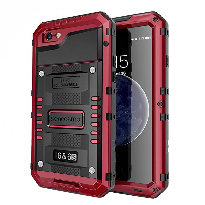 iPhone 6 Waterproof Case, Seacosmo Full Body Protective Shell with Built-in Screen Protector Military Grade Rugged Heavy Duty Cover for iPhone 6S, 4.7 Red