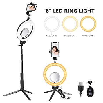 Neewer 8-inch LED Ring Light with Adjustable Tripod Stand Selfie Stick for YouTube Video Live Streaming Makeup Selfie, 3200-5600K Tabletop Lamp with Makeup Mirror/Mini Tripod/Phone Clamp,3 Light Modes