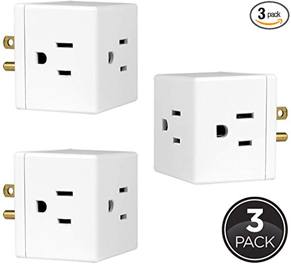 GE 3 Outlet Plug, 3 Pack, Wall Tap, Adapter, Grounded, Easy Access Design, Indoor Use Only, White, 46845