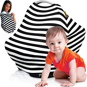 Nursing Cover Breastfeeding Scarf, Baby Car Seat Canopy, Shopping Cart, Stroller, Carseat Stretchy Covers Unisex Girls and Boys (Black/White Stripes)