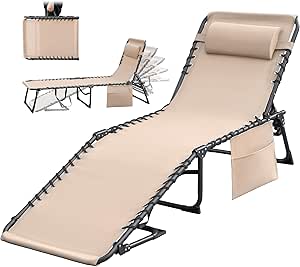 Greesum Chaise Lounge Folding Tanning Chair with 5 Position Adjustable Back, Detachable Pillow & Pocket Outside Pool, Beach, Sunbathing, Beige