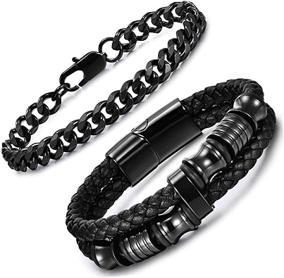 VNOX 2 Pcs Leather Chain Bracelets for Men Boy, Mens Boys Cool Stainless Steel Cuban Link Chains Bracelet with Braided Leather Bracelet Set Cuff Bangle Wrist Band Men Jewelry