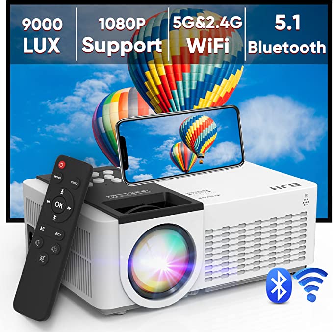 Projector with 5G WiFi and Bluetooth,2023 Upgrade 9000Lumens Full HD 1080P Supported Portable Projector,5.1 Bluetooth Mini Outdoor Movie Projector Compatible with HDMI,USB,AV,Laptop and Smartphone