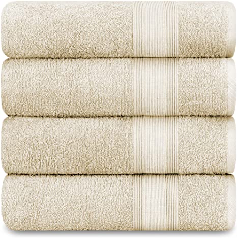 Adobella 4 Bath Towels, Premium Combed Cotton, 27 x 54 inch Highly Absorbent, Super Soft, Quick Dry Bath Towels, Ivory Cream (4 Pack)