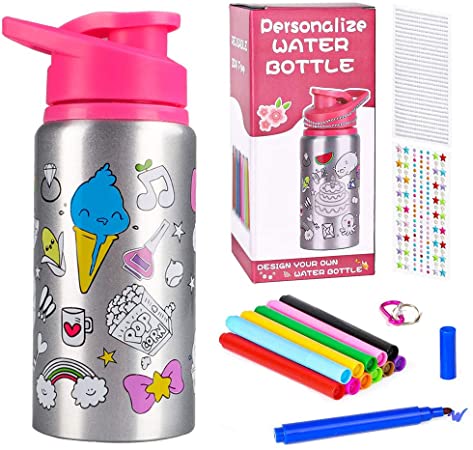 Color Your Own Water Bottle for Girls DIY Bottle Coloring Craft Kit Reusable BPA Free 20 oz Kids Water Bottles Set Personalize & Decorate Using 12 Markers & 2 Gemstones Stickers Fun Arts Crafts Gift
