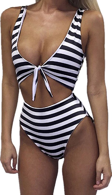 Womens One Piece High Waisted Swimsuit Monokini Sexy Thong Striped Bikini Swimsuits