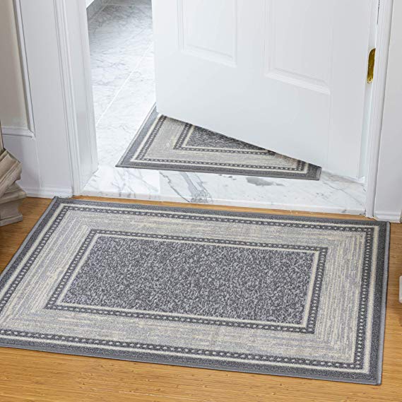 Ottomanson Bordered Design Non-Slip Rubber Backing Modern Area Rug Doormat, 2'3" x 3', Gray