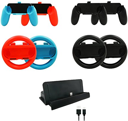 ElementDigital Switch Joy-Con Steering Wheel Grip Kit Wireless Racing Wheels Pair Hand Grip with Console Charging Dock Cradle Charger Cable for Nintendo Switch Controller