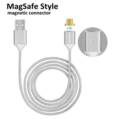 [Upgraded Version] Fantany Magnetic Micro USB Charger Braided Fast Cable, MagSafe Reversible Detachable Design Cord with LED Indicator Adapter for Android Samsung HTC Huawei Moto LG 3 Ft Silver Mm1
