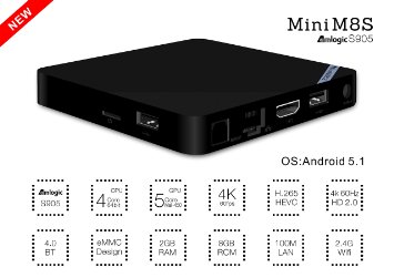 DIAOTEC(TM) Mini M8S Android 5.1 Smart TV Box, Quad-Core CPU (Cortex A53) Amlogic S905, DDR3 2GB   Onboard eMMC Flash 8GB, Support UHD 4K x 2K, FHD 1080p, Kodi, Bluetooth 4.0, HEVC H.265/H.264