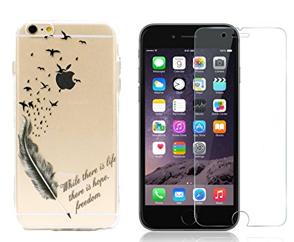 iPhone 6 Case, Sophia Shop iPhone 6S TPU Case Slim Thin Flexible Soft Anti-Scratch Anti-fingerprint & 0.3mm 9H Bubble Free Tempered Glass Screen Protector - Feather