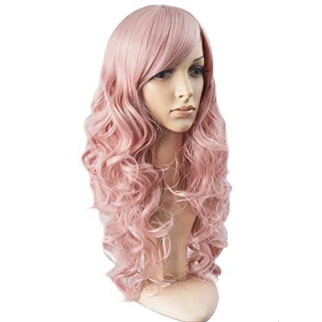 BERON 24" Stylish Long Curly Pink Hair Wig Party Perruque (Lovely Pink)