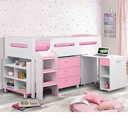 Happy Beds Kimbo White And Soft Pink Finished Sleep Station Childrens Kids Bunk Bed 3' Single With Orthopaedic Mattress