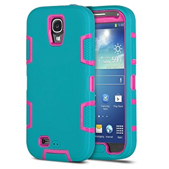 Galaxy S4 Case, S4 Case - ULAK Shock Absorption Hybrid Rubber Combo Case Cover 3in1 [Rigid Plastic Soft Silicone] for Samsung Galaxy S4 IV i9500 (Hot Pink Blue)