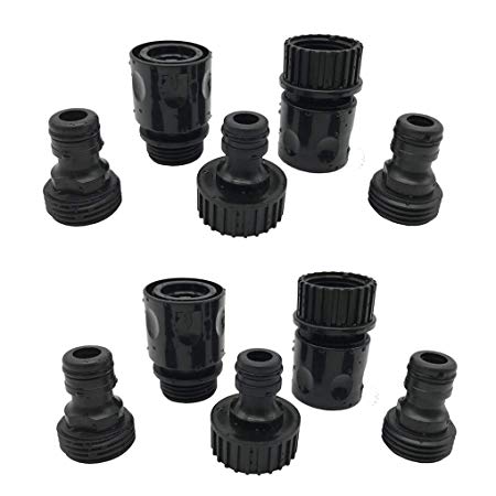 Plastic Garden Hose Connector Set Male and Female - Quick Release Connect Kit, Water Hose Thread Fitting Adapter Set, from Quick Connector to Standard 3/4'' Thread Connector (Black, 2 Sets / 10 Pc)