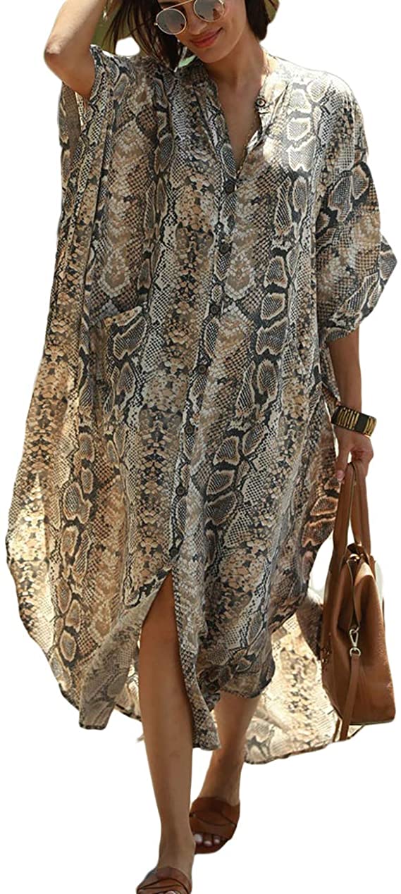 Bsubseach Women Stylish Plus Size Beach Shirt Dress Loose Button Up Bikini Cover Up