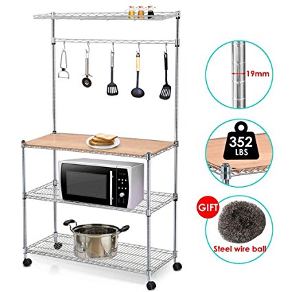 Yaheetech 4 Tier Rolling Chrome Baker's Rack Microwave Stand Kitchen Cart Storage Shelves Coffee Workstation Space Saving